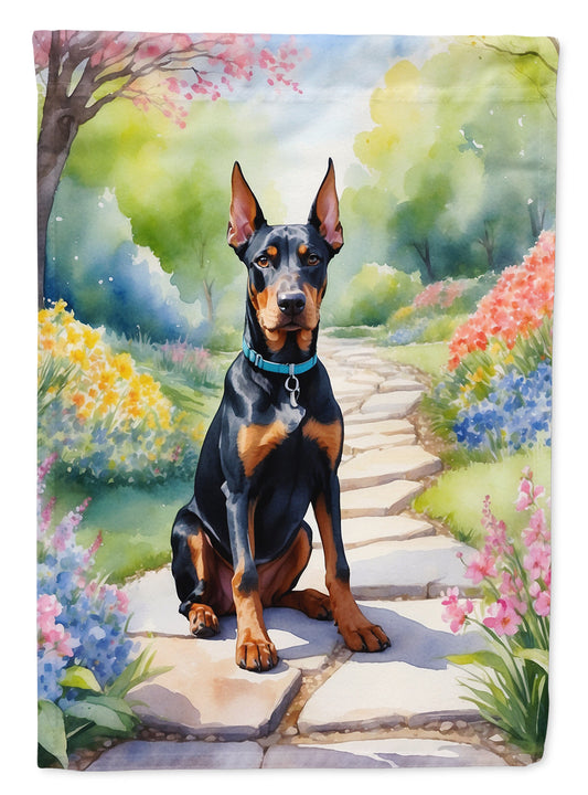Doberman Pinscher Spring Path Garden Flag  – Dog-Themed Floral Outdoor Decor