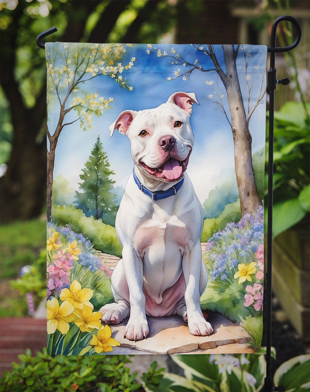 Pit Bull Terrier Spring Path Garden Flag  – Dog-Themed Floral Outdoor Decor
