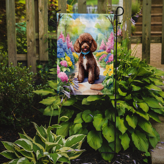 Chocolate Poodle Spring Path Garden Flag  – Dog-Themed Floral Outdoor Decor