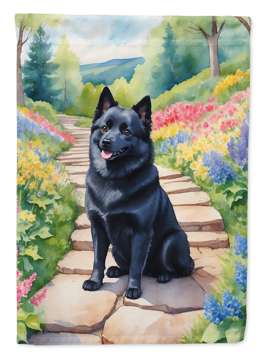 Schipperke Spring Path Garden Flag  – Dog-Themed Floral Outdoor Decor