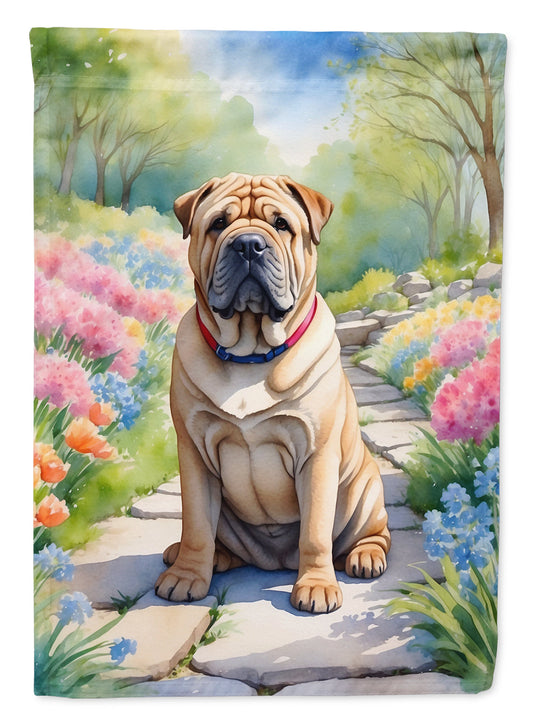 Shar Pei Spring Path Garden Flag  – Dog-Themed Floral Outdoor Decor