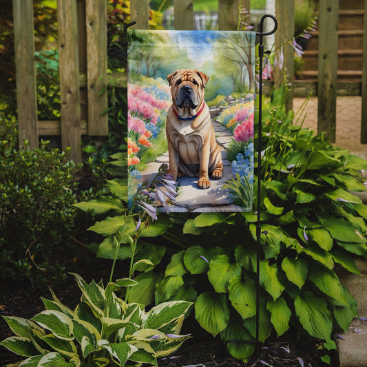 Shar Pei Spring Path Garden Flag  – Dog-Themed Floral Outdoor Decor