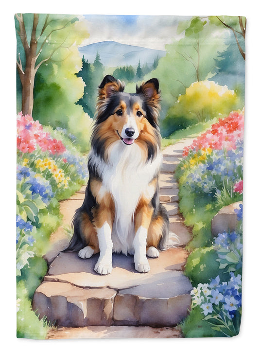 Sheltie Spring Path Garden Flag  – Dog-Themed Floral Outdoor Decor
