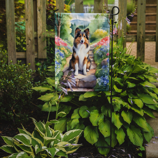 Sheltie Spring Path Garden Flag  – Dog-Themed Floral Outdoor Decor
