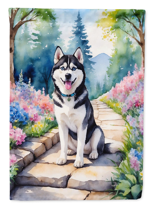 Siberian Husky Spring Path Garden Flag  – Dog-Themed Floral Outdoor Decor