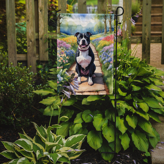 Staffordshire Bull Terrier Spring Path Garden Flag  – Dog-Themed Floral Outdoor Decor