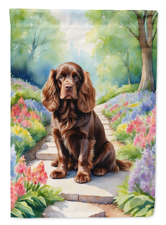 Sussex Spaniel Spring Path Garden Flag  – Dog-Themed Floral Outdoor Decor