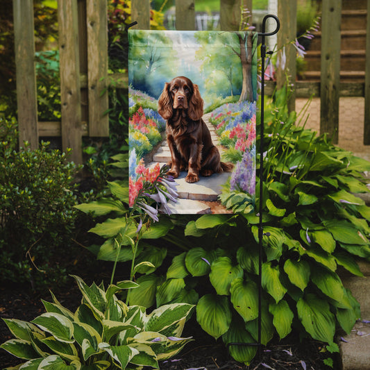 Sussex Spaniel Spring Path Garden Flag  – Dog-Themed Floral Outdoor Decor