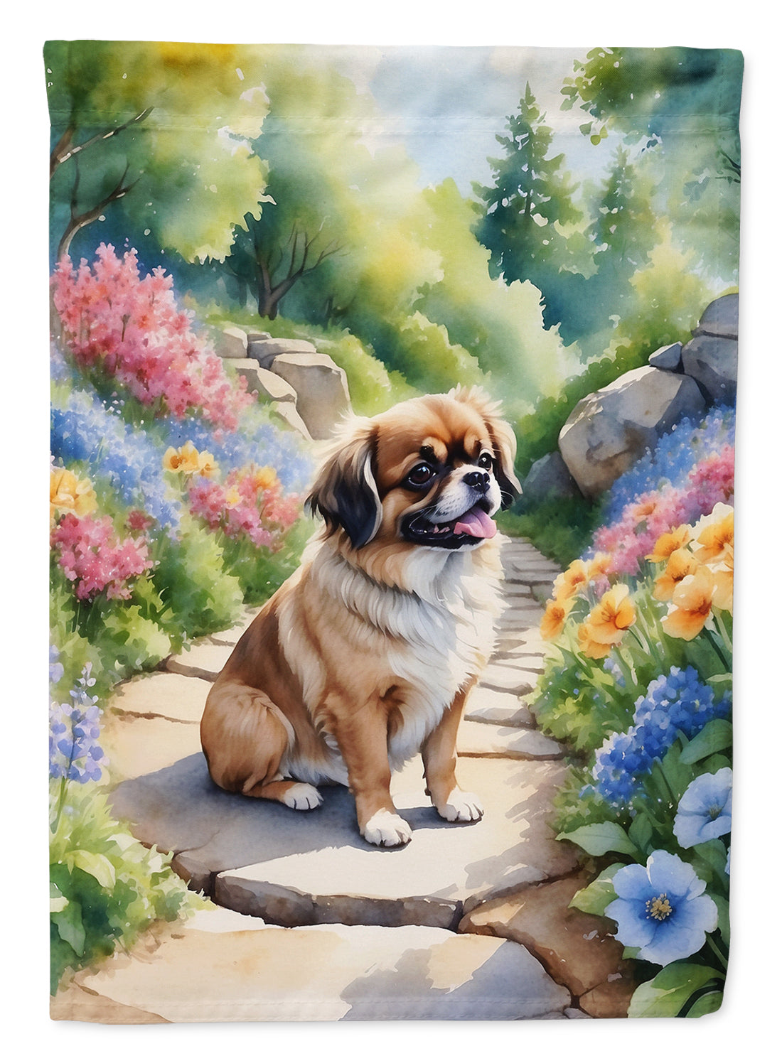 Tibetan Spaniel Spring Path Garden Flag  – Dog-Themed Floral Outdoor Decor