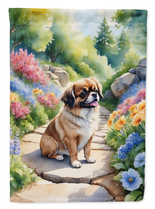 Tibetan Spaniel Spring Path Garden Flag  – Dog-Themed Floral Outdoor Decor