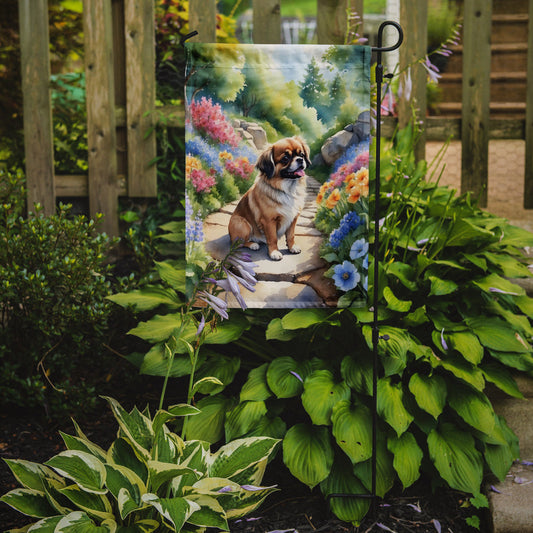 Tibetan Spaniel Spring Path Garden Flag  – Dog-Themed Floral Outdoor Decor