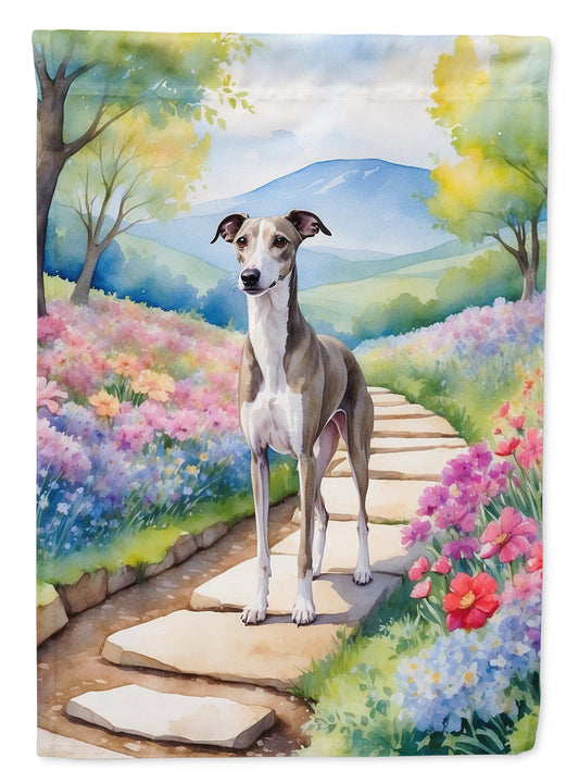 Whippet Spring Path Garden Flag  – Dog-Themed Floral Outdoor Decor