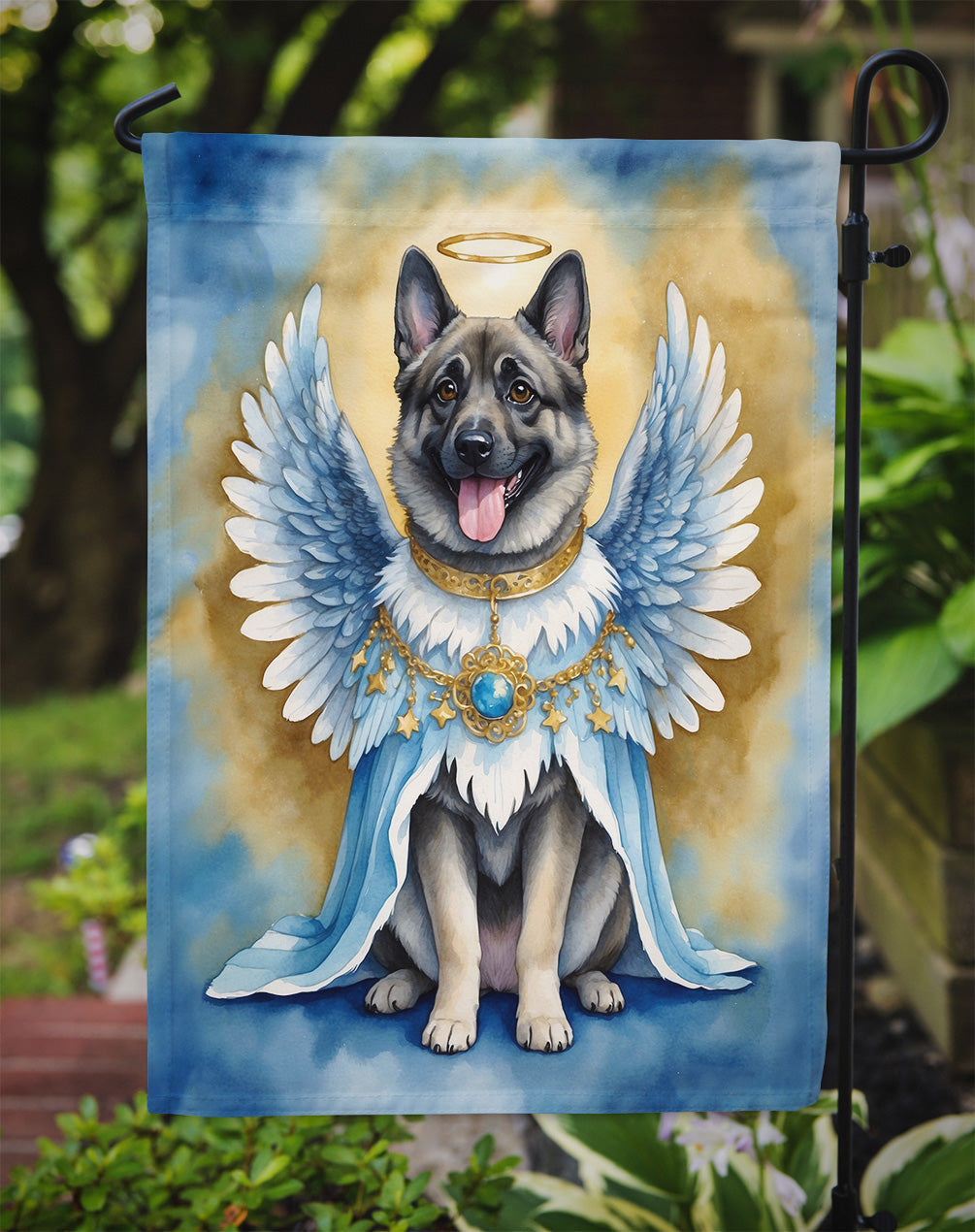 Norwegian Elkhound My Angel Garden Flag – Memorial or Christmas Dog Angel Decor