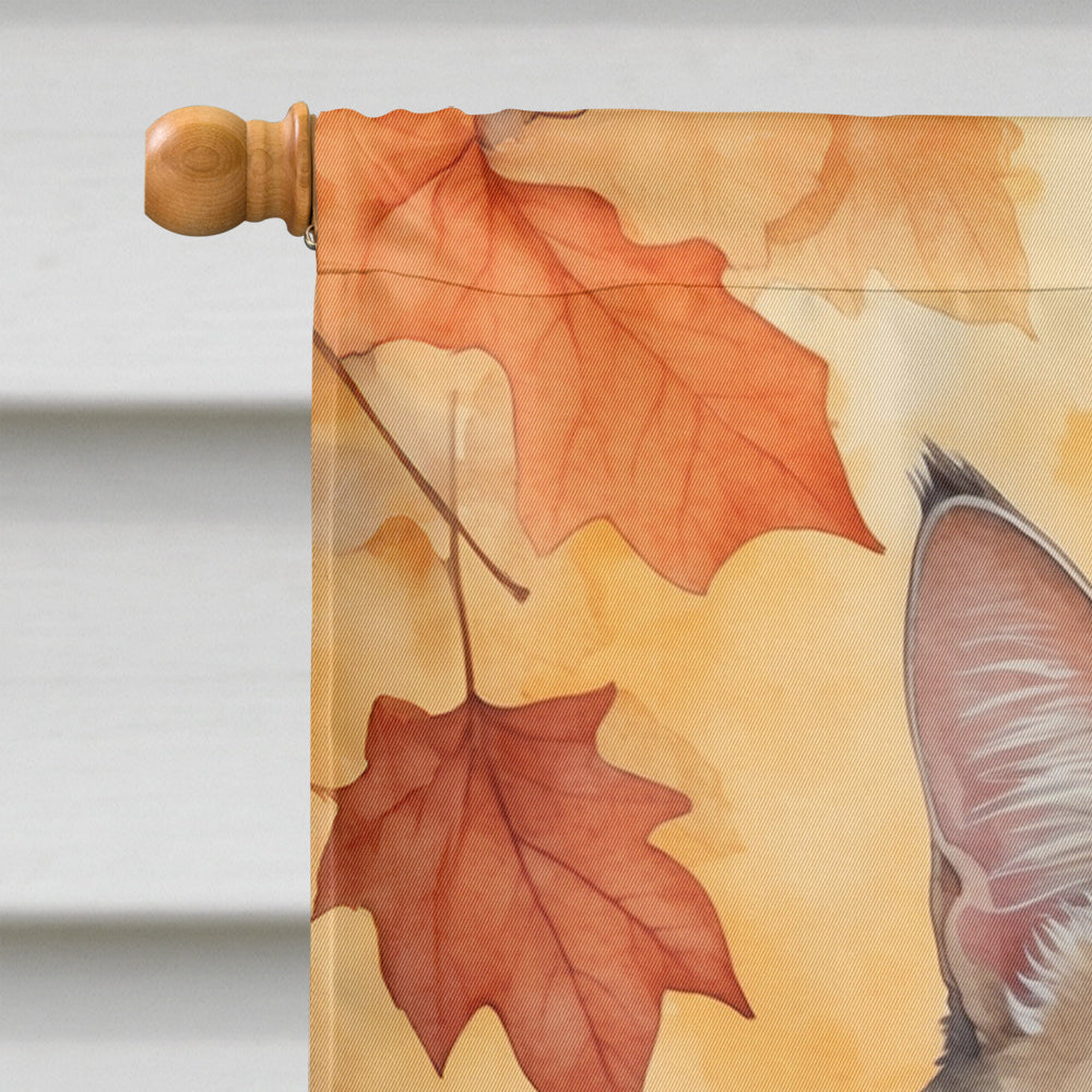 American Bobtail Cat in Fall Leaves House Flag