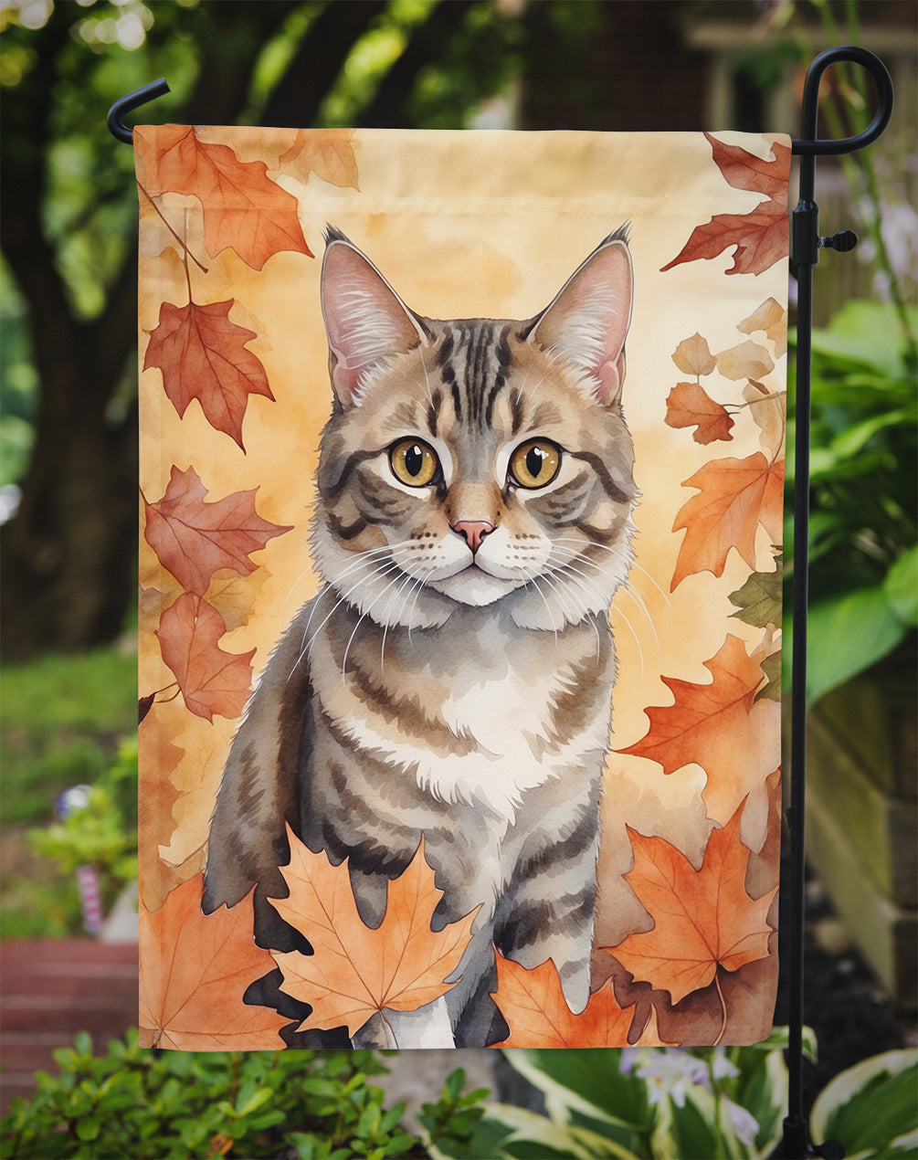American Bobtail Fall Garden Flag - Cat in Fall Leaves - Cat-Themed Seasonal Yard Decor