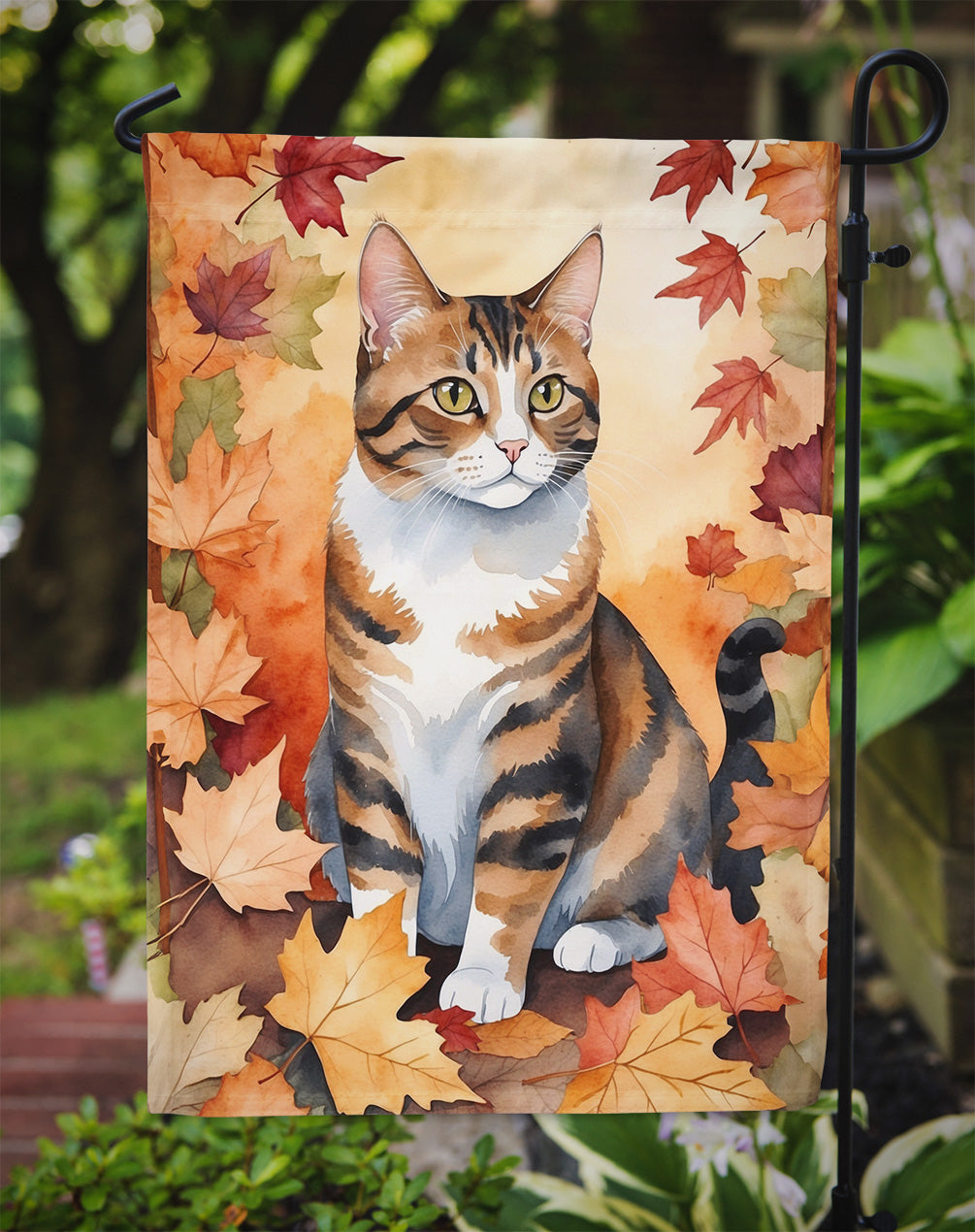 American Polydactyl Fall Garden Flag - Cat in Fall Leaves - Cat-Themed Seasonal Yard Decor