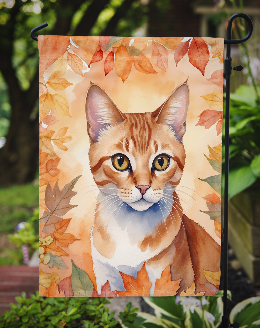 Arabian Mau Fall Garden Flag - Cat in Fall Leaves - Cat-Themed Seasonal Yard Decor