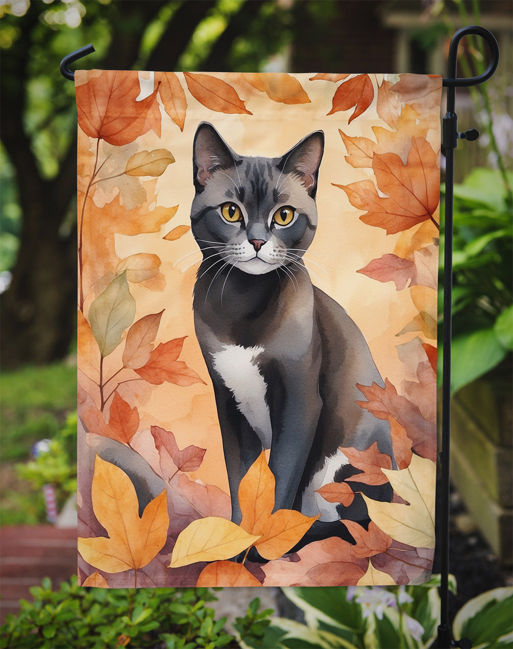 Asian Cat Fall Garden Flag - Cat in Fall Leaves - Cat-Themed Seasonal Yard Decor