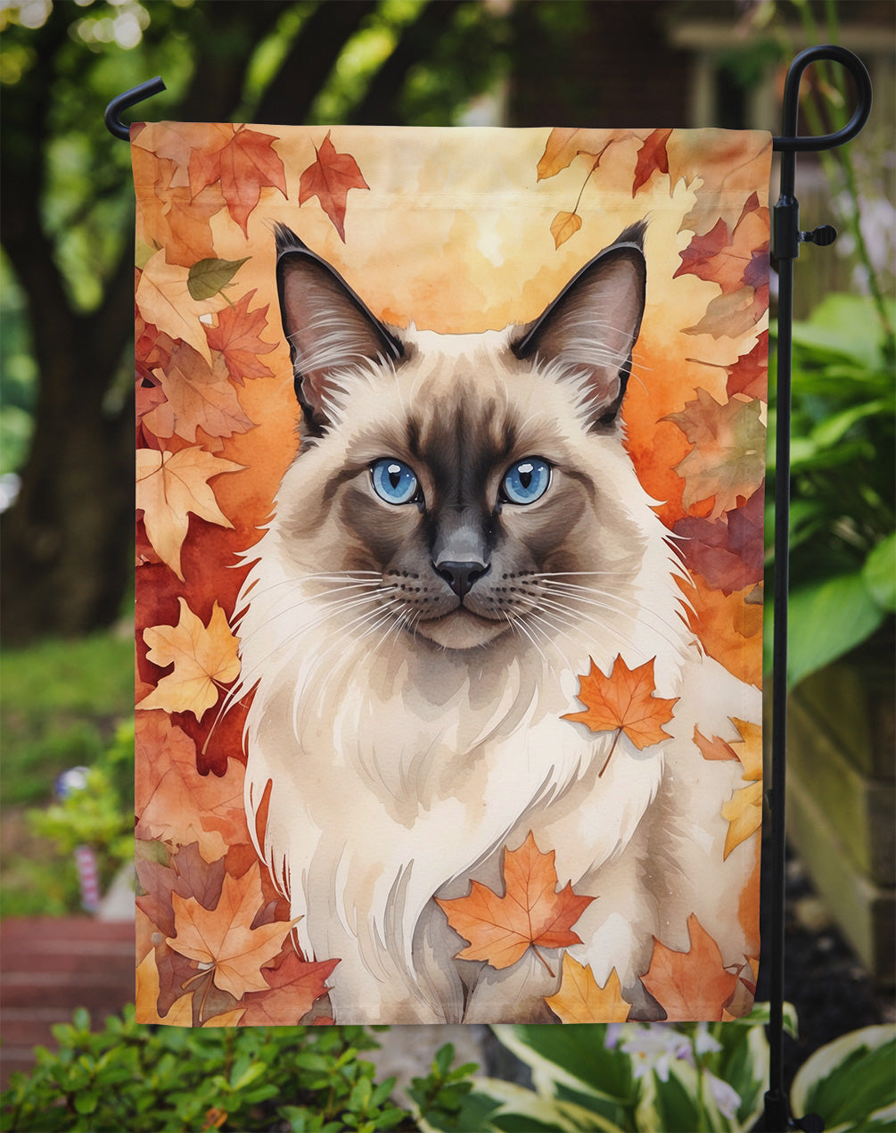 Balinese Cat Fall Garden Flag - Cat in Fall Leaves - Cat-Themed Seasonal Yard Decor