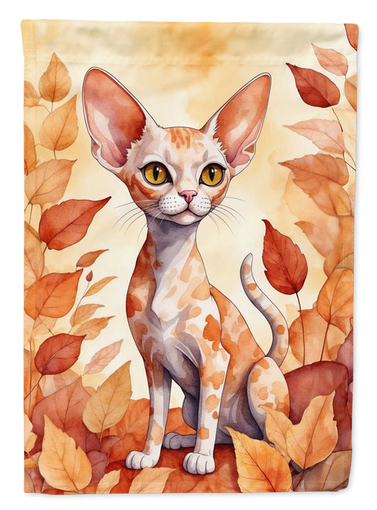 Devon Rex Cat in Fall Leaves House Flag