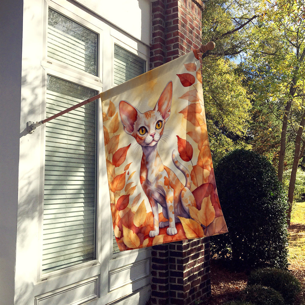 Devon Rex Cat in Fall Leaves House Flag