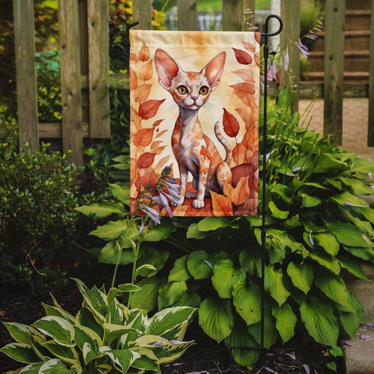 Devon Rex Fall Garden Flag - Cat in Fall Leaves - Cat-Themed Seasonal Yard Decor