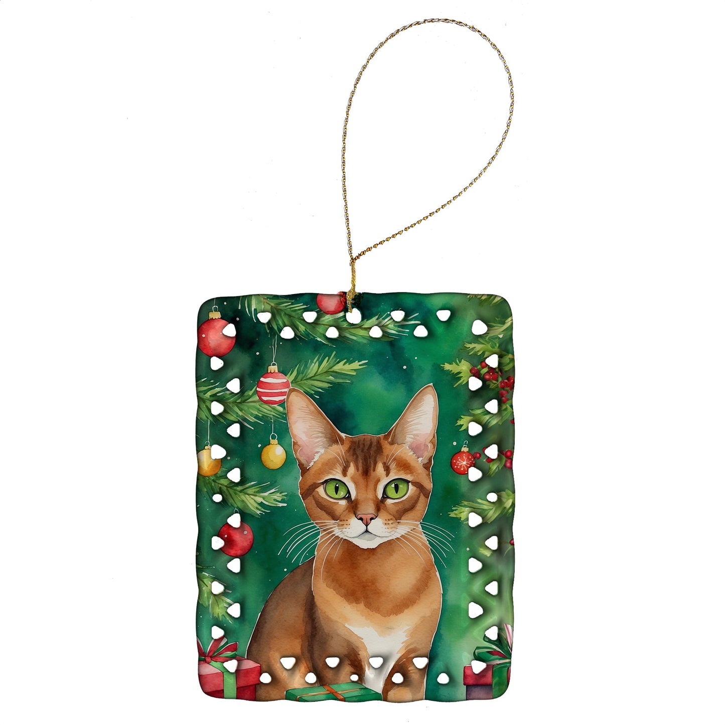 Abyssinian Cat By the Christmas Tree Porcelain Ornament