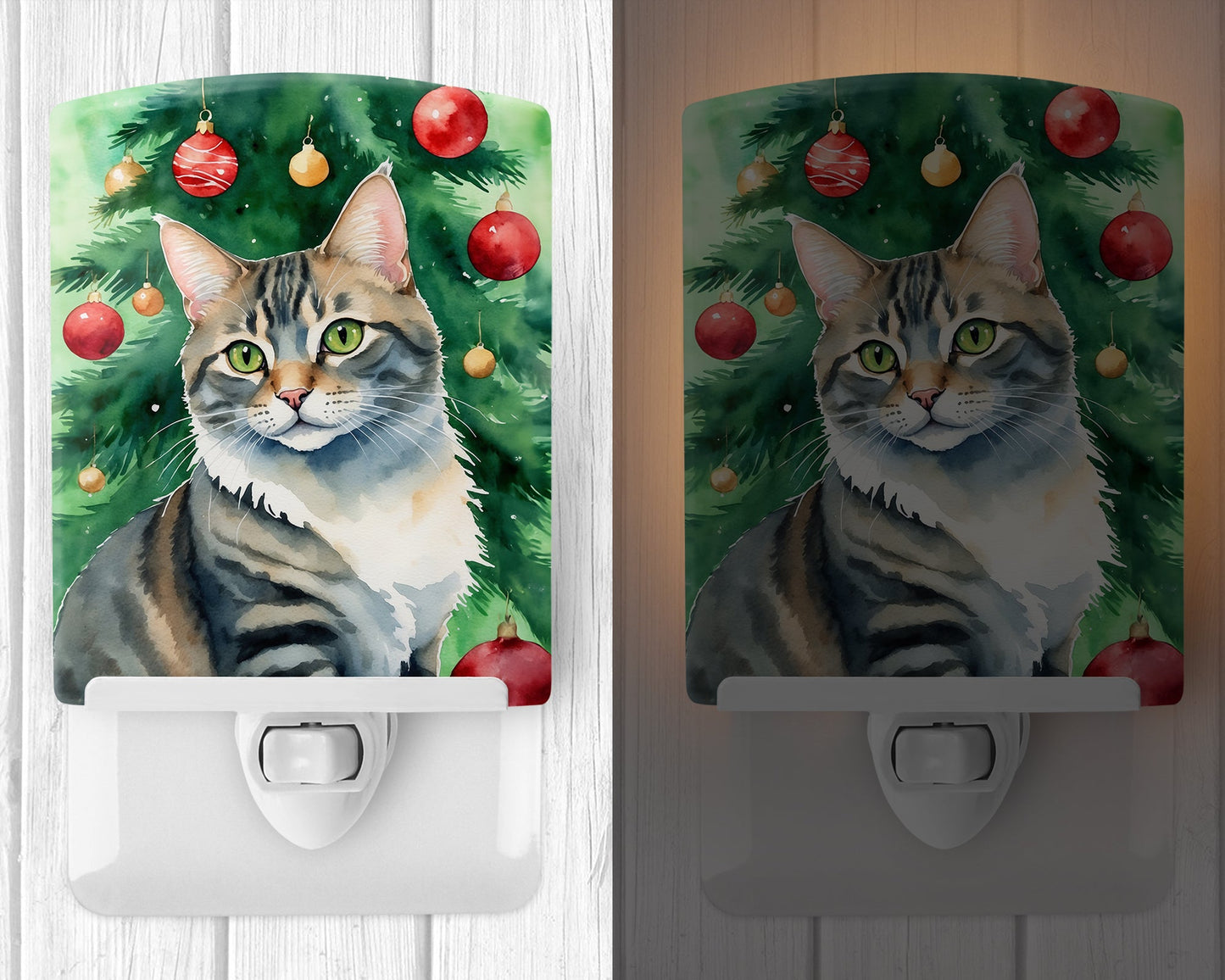 American Bobtail Cat By the Christmas Tree Ceramic Night Light