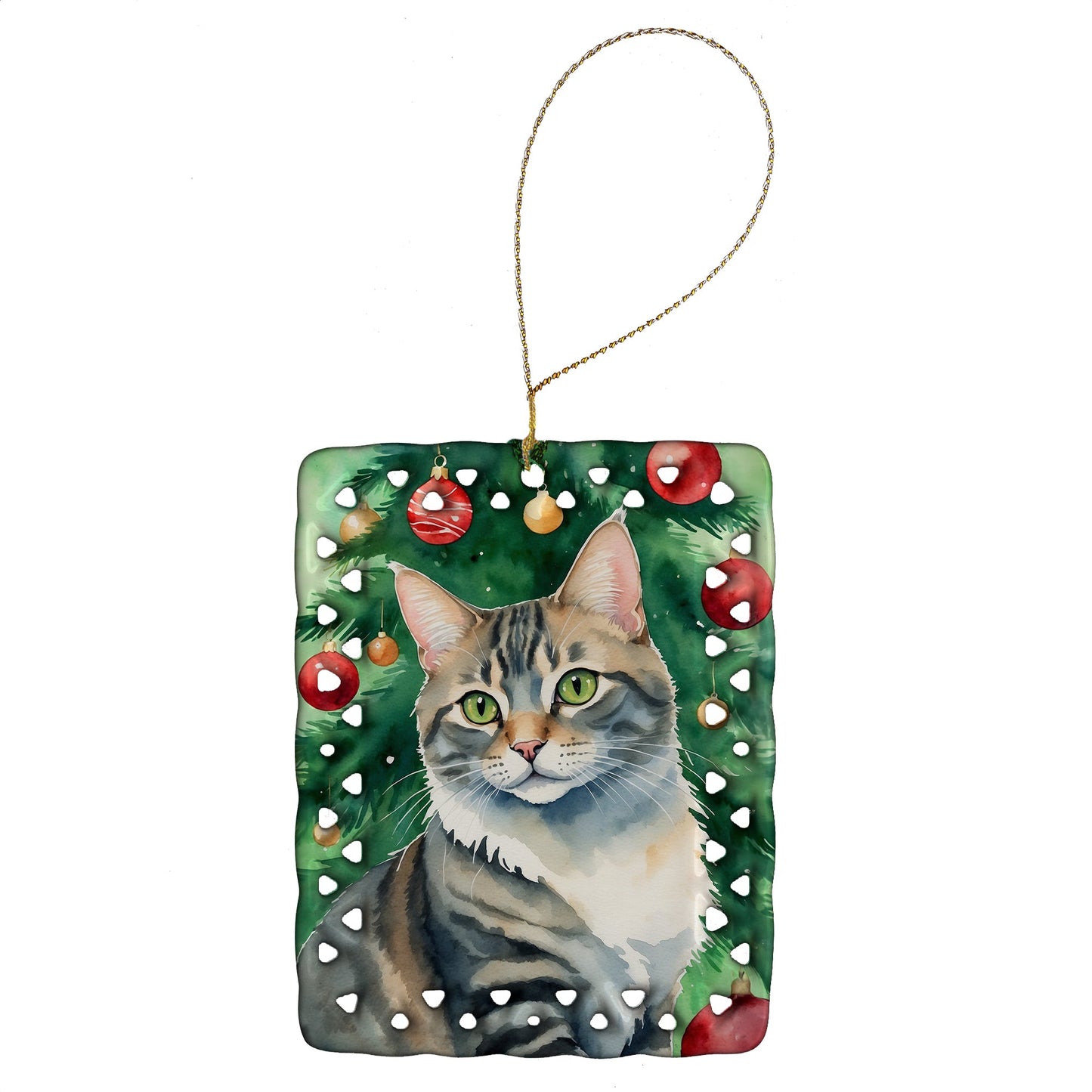 American Bobtail Cat By the Christmas Tree Porcelain Ornament
