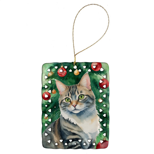 American Bobtail Cat By the Christmas Tree Porcelain Ornament