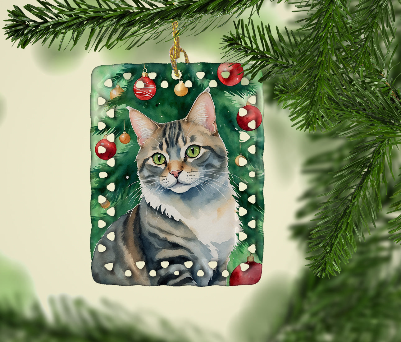American Bobtail Cat By the Christmas Tree Porcelain Ornament