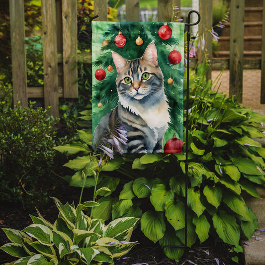 American Bobtail Christmas Garden Flag - Cat by the Christmas Tree - Cat-Themed Holiday Yard Decor