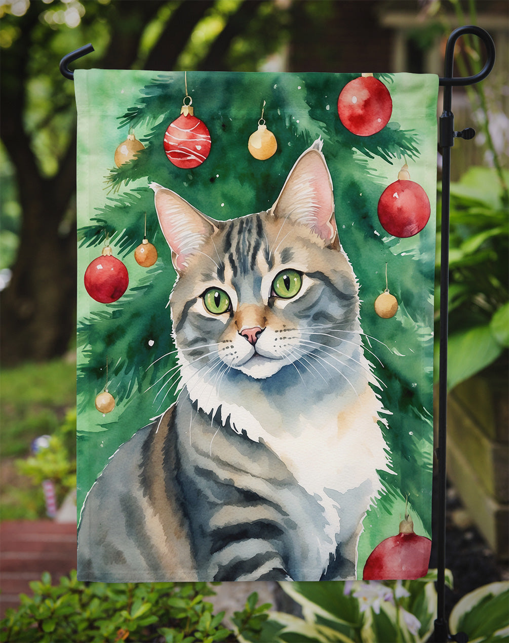 American Bobtail Christmas Garden Flag - Cat by the Christmas Tree - Cat-Themed Holiday Yard Decor