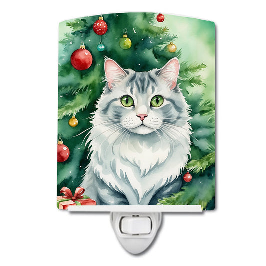 American Curl Cat By the Christmas Tree Ceramic Night Light