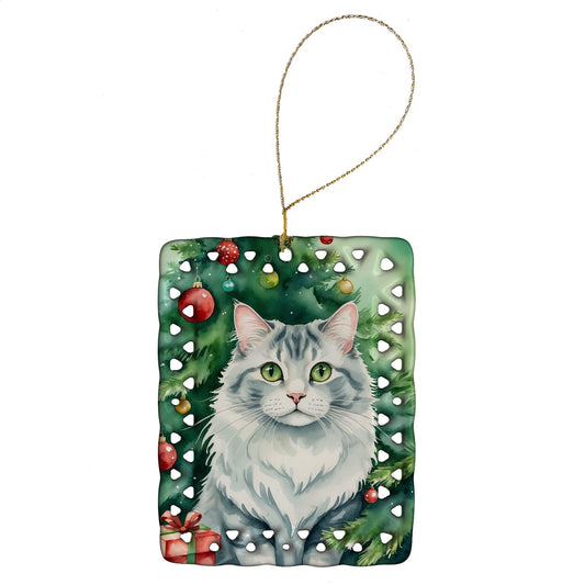 American Curl Cat By the Christmas Tree Porcelain Ornament