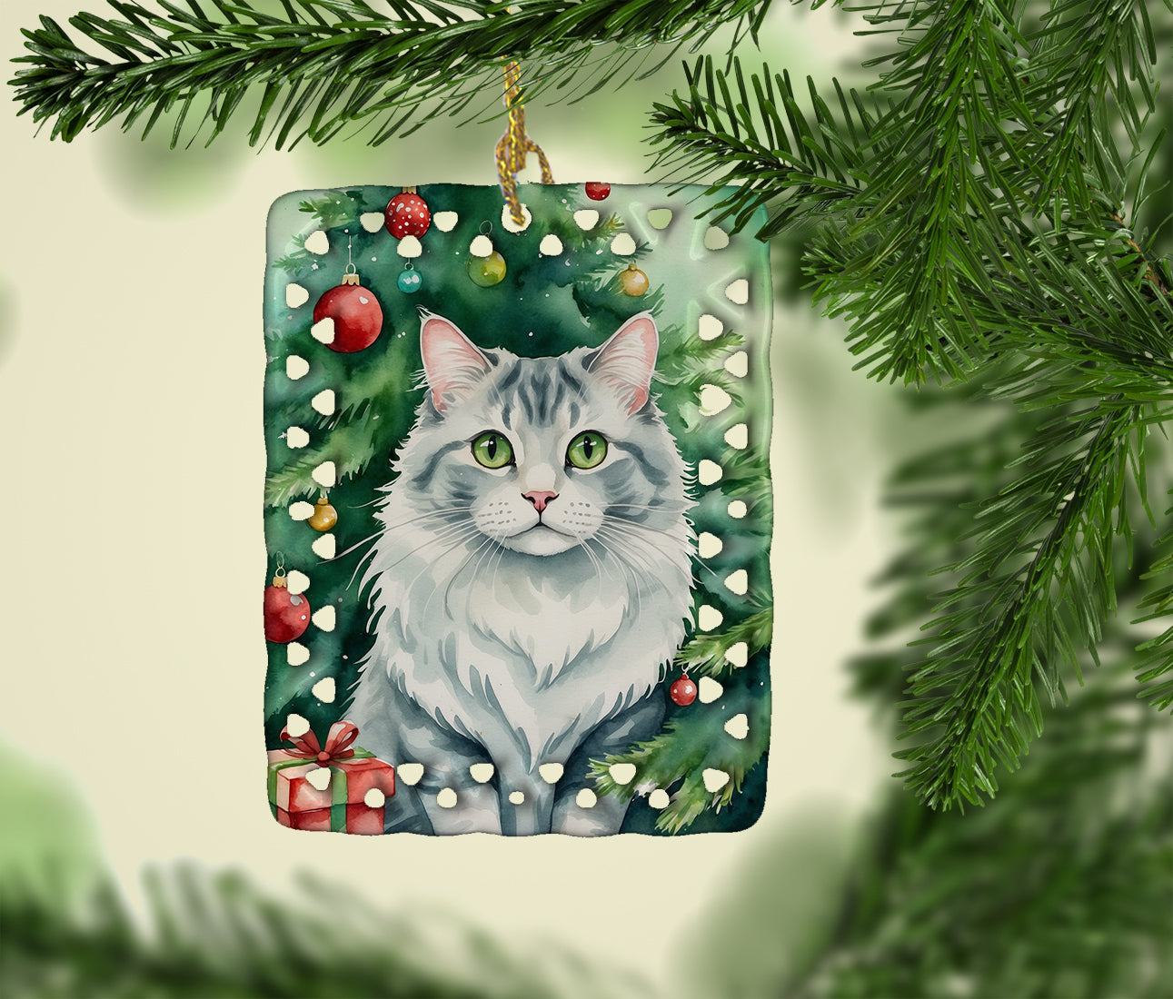 American Curl Cat By the Christmas Tree Porcelain Ornament