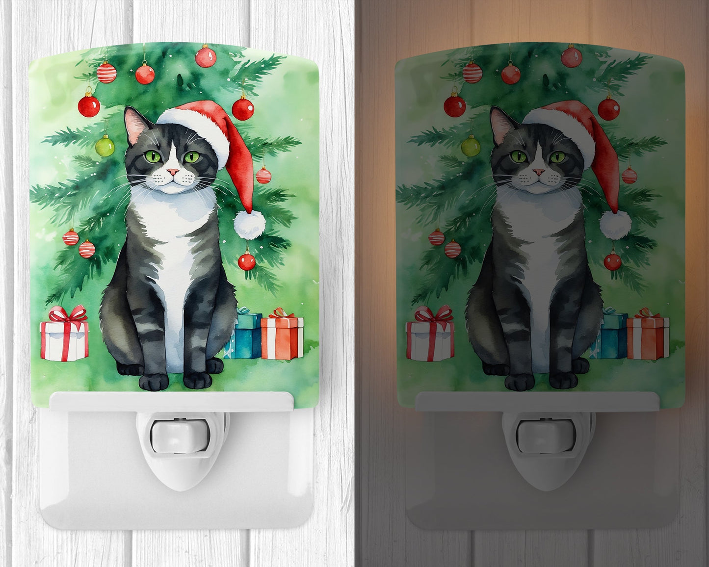 American Polydactyl Cat By the Christmas Tree Ceramic Night Light
