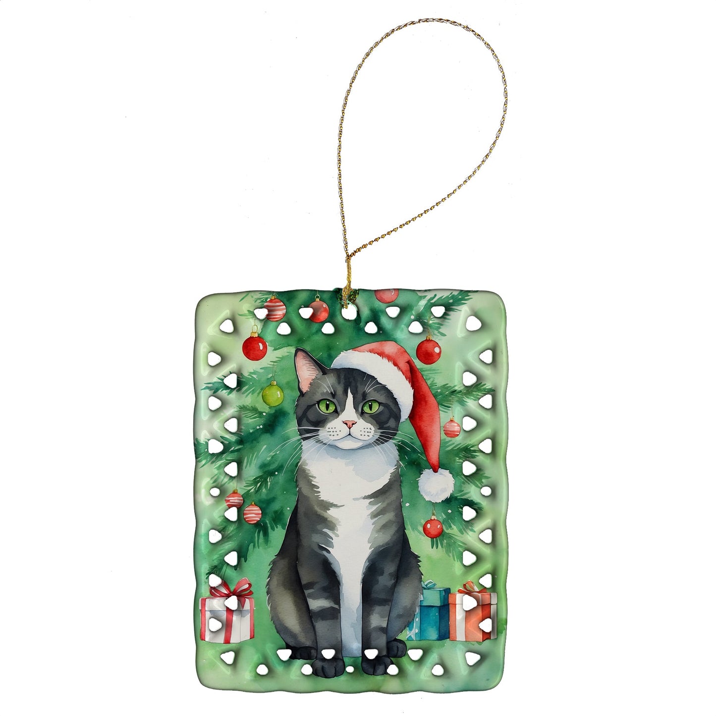 American Polydactyl Cat By the Christmas Tree Porcelain Ornament