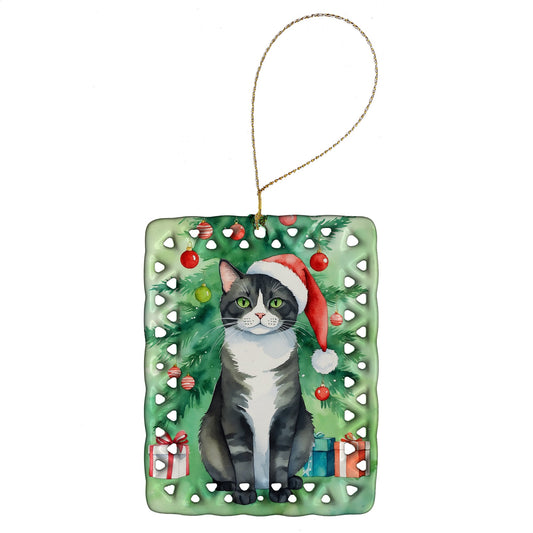 American Polydactyl Cat By the Christmas Tree Porcelain Ornament
