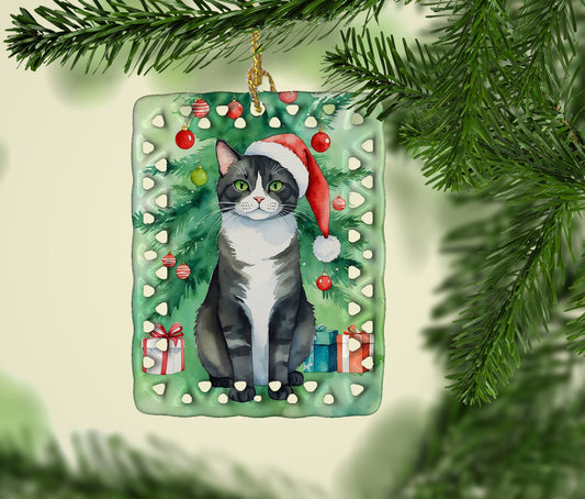 American Polydactyl Cat By the Christmas Tree Porcelain Ornament