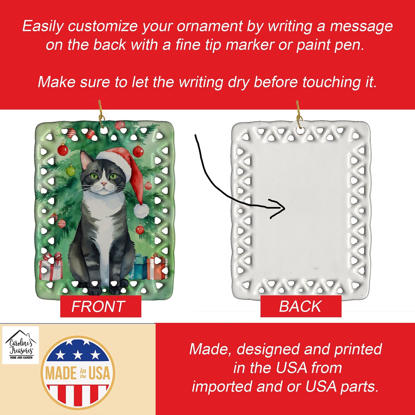 American Polydactyl Cat By the Christmas Tree Porcelain Ornament