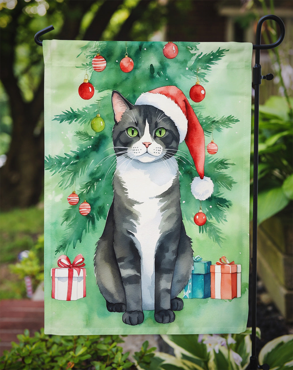 American Polydactyl Christmas Garden Flag - Cat by the Christmas Tree - Cat-Themed Holiday Yard Decor