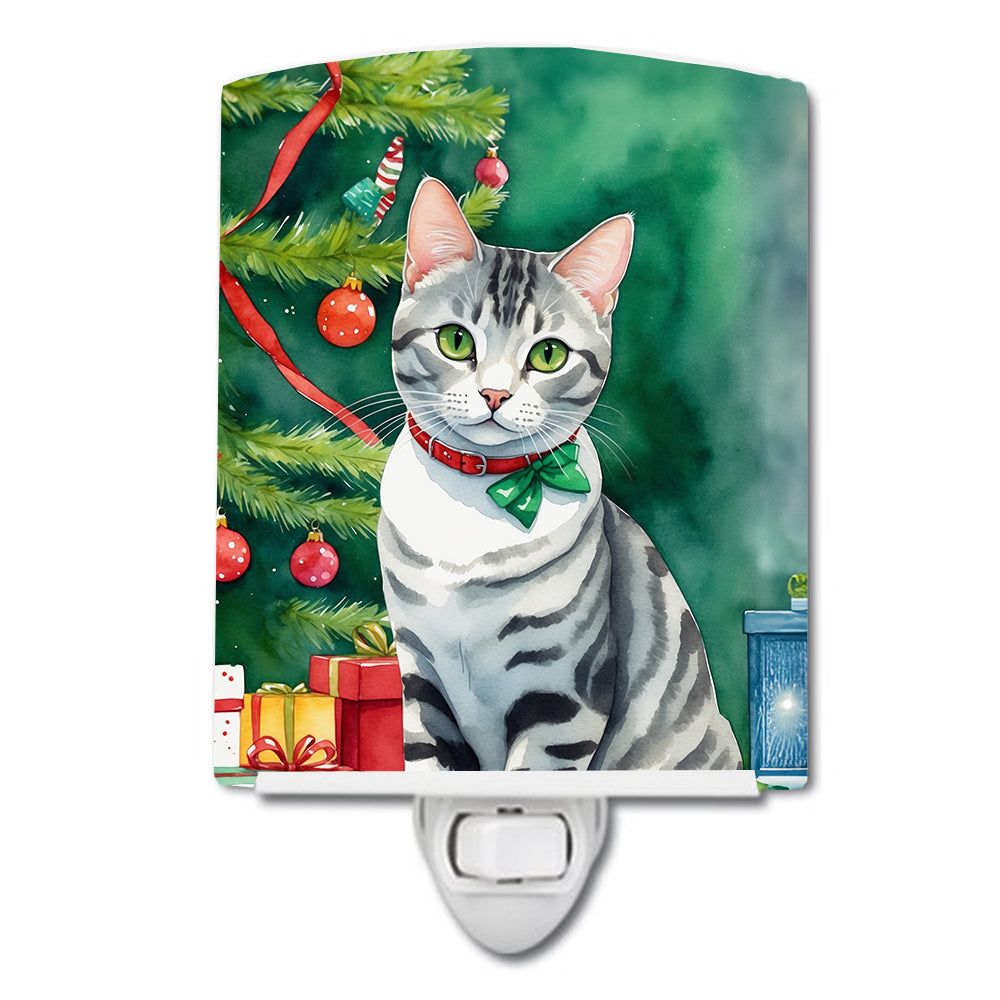 American Shorthair Cat By the Christmas Tree Ceramic Night Light