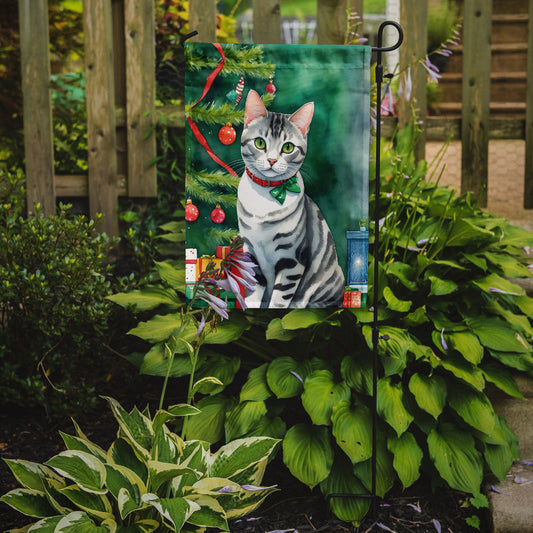American Shorthair Christmas Garden Flag - Cat by the Christmas Tree - Cat-Themed Holiday Yard Decor