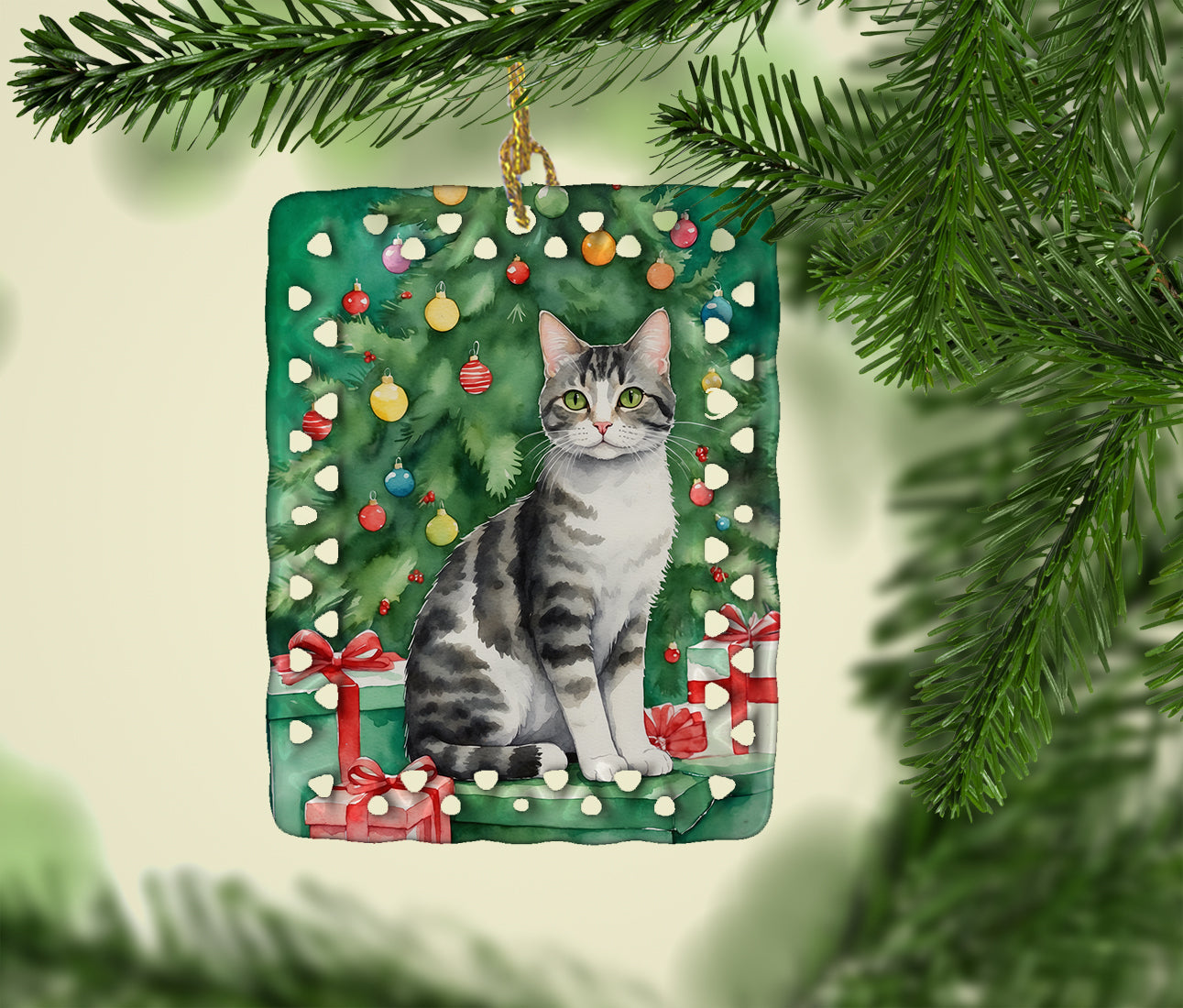 American Wirehair Cat By the Christmas Tree Porcelain Ornament