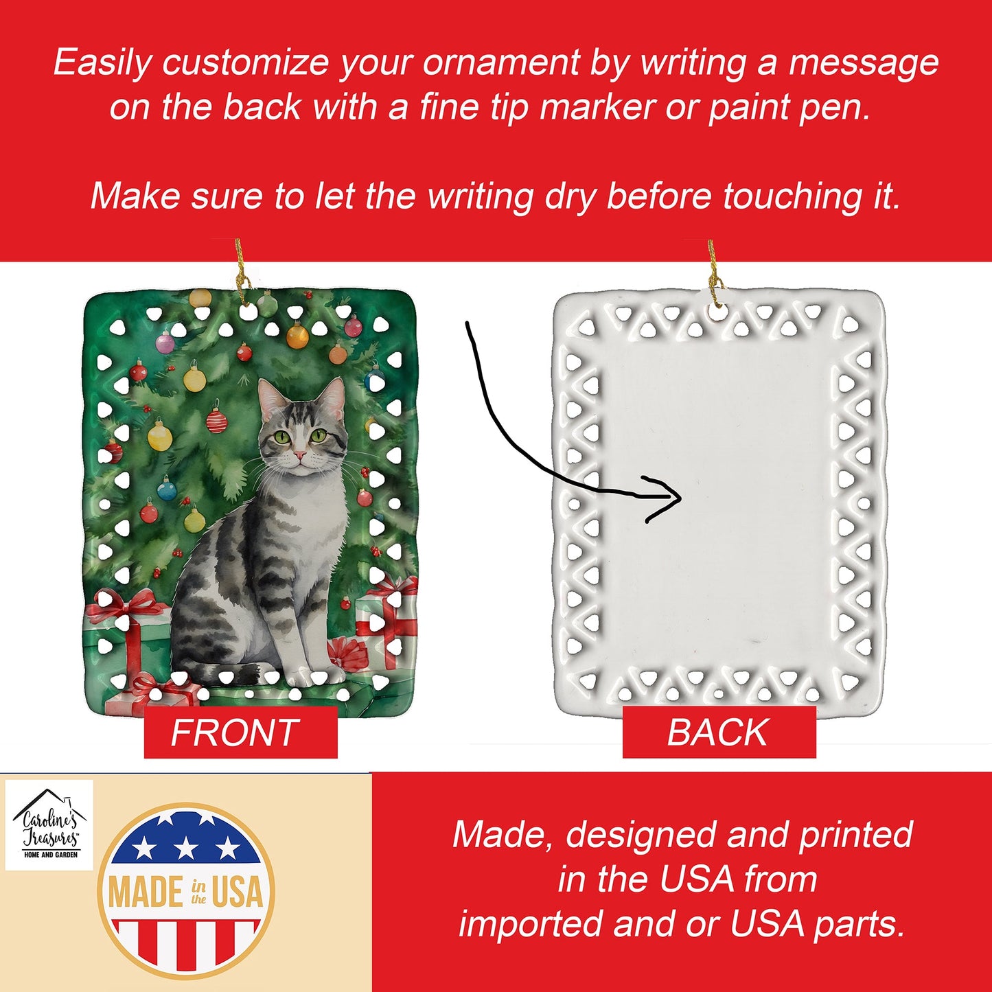 American Wirehair Cat By the Christmas Tree Porcelain Ornament