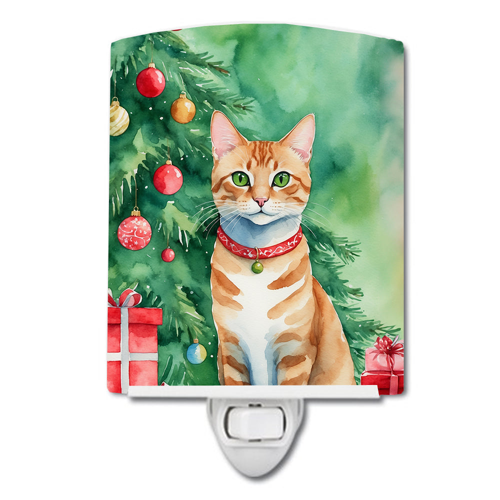 Arabian Mau Cat By the Christmas Tree Ceramic Night Light