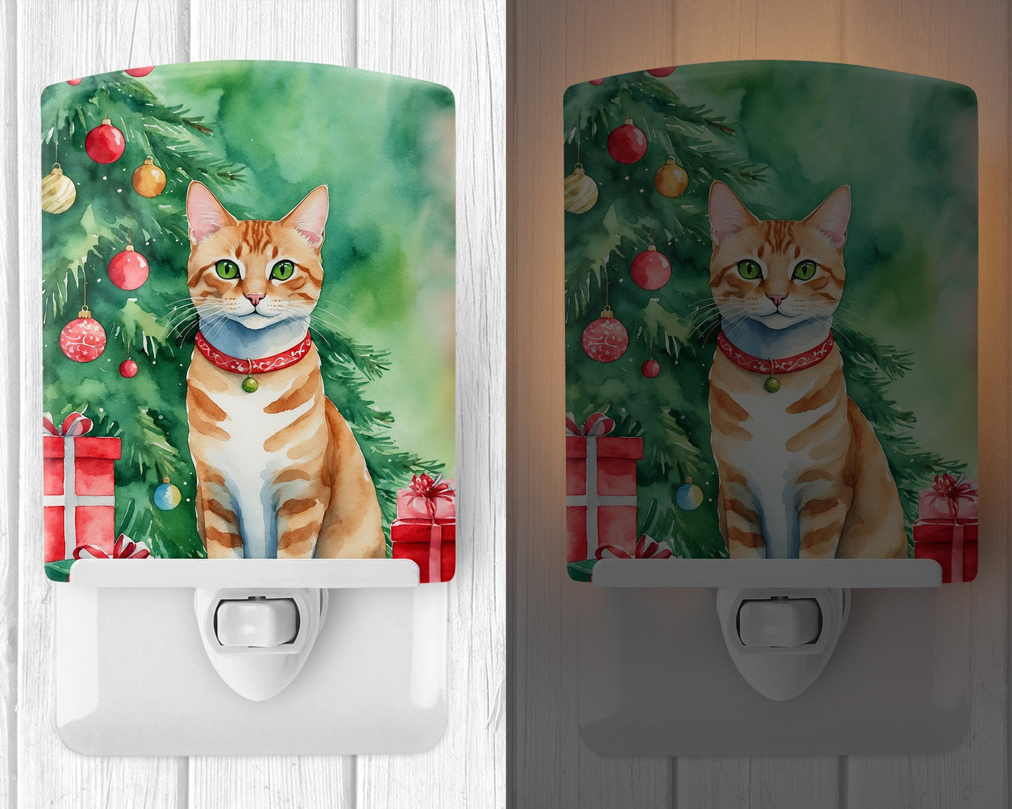 Arabian Mau Cat By the Christmas Tree Ceramic Night Light