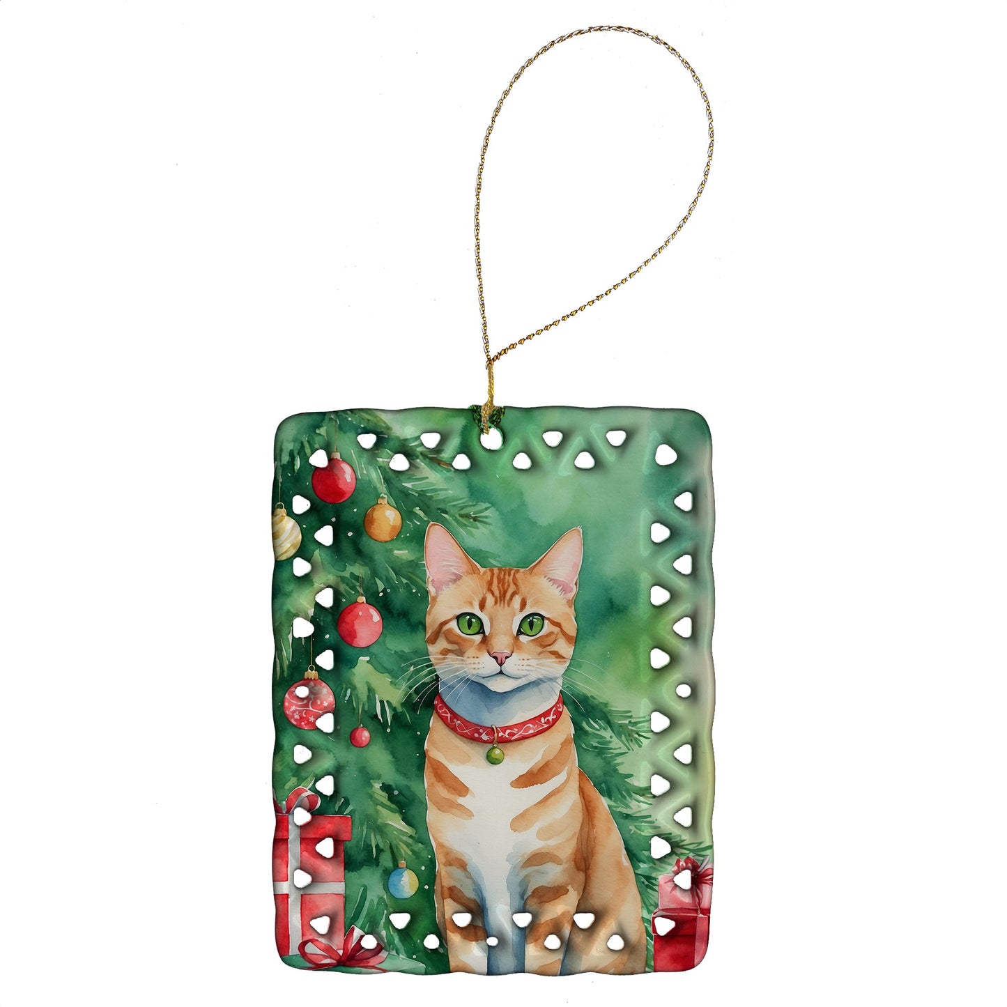 Arabian Mau Cat By the Christmas Tree Porcelain Ornament