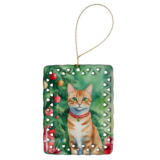 Arabian Mau Cat By the Christmas Tree Porcelain Ornament